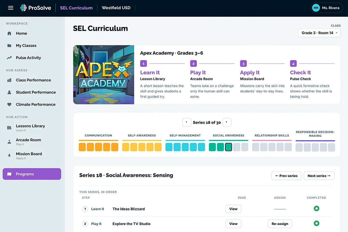 The SEL Curriculum home screen, showing the Learn It, Play It, Apply It, Check It flow and series progress by CASEL competency